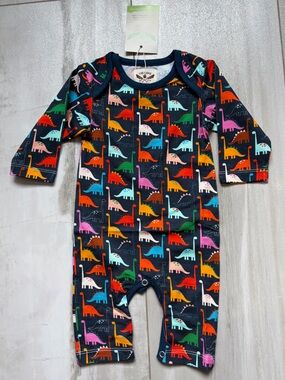 NWT The Oaks Apparel Co Colorful Navy Spike Dinosaur Full Length Romper Boys 3M